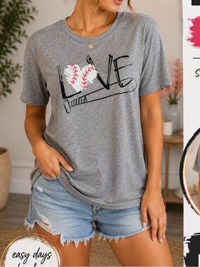 Hand Crafted Gray Short Sleeve Tee with Baseball Love Graphic LARGE